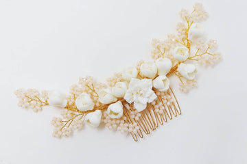 Swarovski Crystals Large Ceramic White flower & Tiny Baby Pink Flowers, Bridal Hair piece, Bridal Hair Accessories, Wedding Hair Accessory.